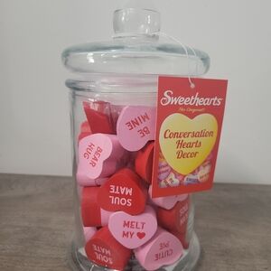 Valentines Day Sweethearts Wood Conversation Hearts in Lidded Glass Jar